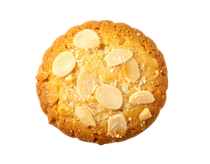 A single golden almond cookie topped with sliced nuts and sugar crystals.