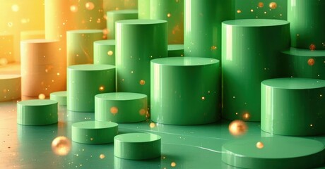 Abstract green cylinders create steps, illuminated by golden orbs. Minimalist scene evokes modern design, product display potential.