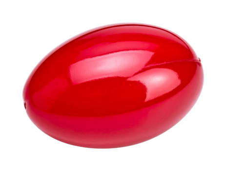 Shiny red plastic egg shaker a musical percussion instrument with a glossy finish.
