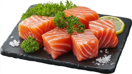 Fresh Salmon Cubes on Black Slate