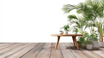 Tropical Plants and Wooden Table on a Deck