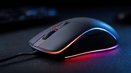 RGB Gaming Mouse on Dark Desk with Blurred Background