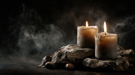 Two candles on rocks, smoky ambiance