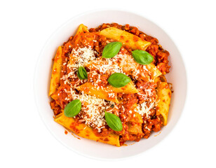 Topdown view of penne pasta with rich bolognese sauce grated cheese and basil.