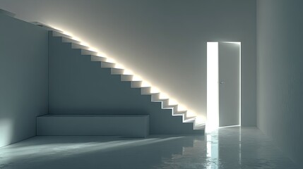 Obraz premium Modern stairway leading to a bright doorway in a minimalist space
