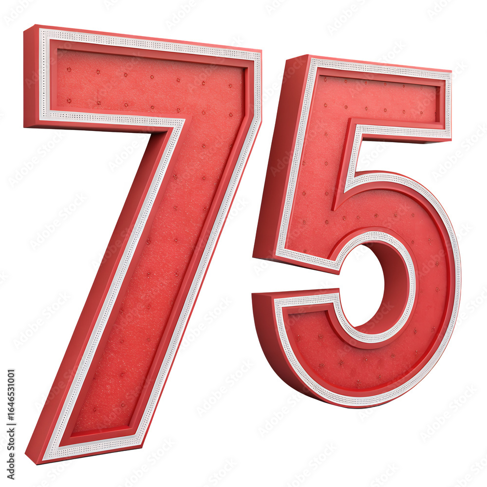 Poster numeric emblem: a vivid rendering of the number 75, boldly displayed in a striking red hue with an e