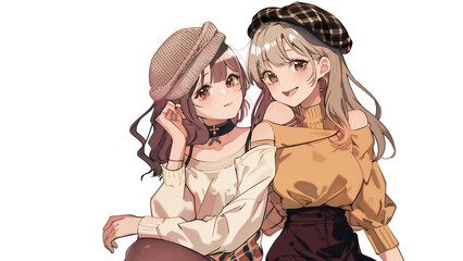 Two fashionable anime girls wearing berets and autumn outfits, smiling and posing together on transparent background｜anime girls, fashion, beret, autumn clothes