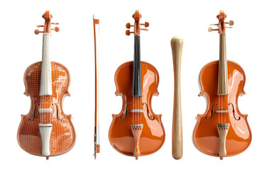 Colorful Plastic Violins with Wooden Bat on White Transparent Background