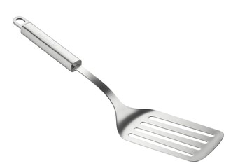 A stainless steel slotted spatula with a cylindrical handle isolated on a white background for cooking use