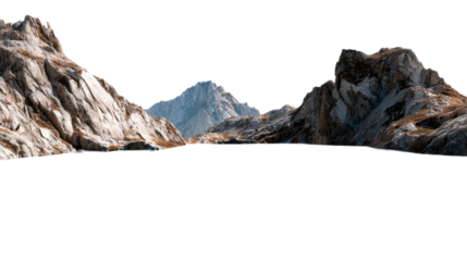 Rugged mountain peaks surround a serene alpine lake reflecting the vast sky, cut out transparent