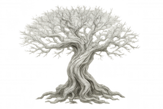 Weathered mystical tree revealing intricate bark patterns, transparent backdrop ideal for fantasy graphic design