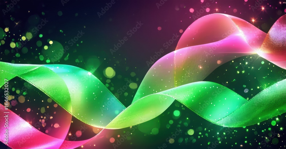 Poster vibrant ribbons intertwine, creating luminous waves. sparkling particles enhance dynamic, colorful c