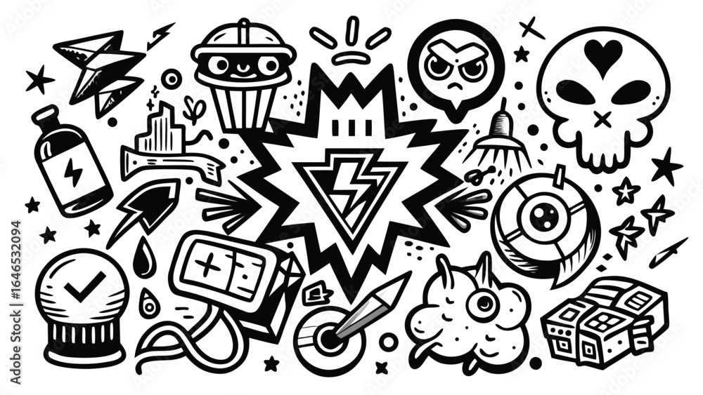 Poster black and white drawing featuring an array of diverse symbols arranged artistically on a plain backg