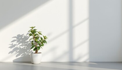 A Serene Indoor Plant Casting Shadows Minimalist Room Bright Environment Close-Up View Natural Aesthetics