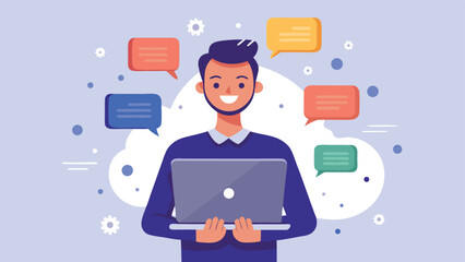 A pair of hands gripping a laptop adorned with icons and speech bubbles, representing digital interaction and dialogue..eps