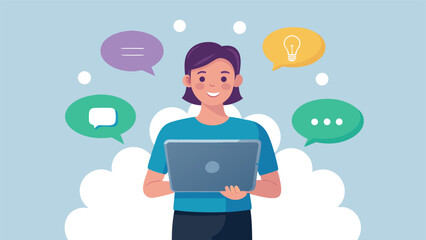 a laptop displaying various icons and speech bubbles, symbolizing communication and technology..eps