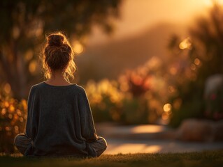 FEMME MÉDITANT AU COUCHER DU SOLEIL