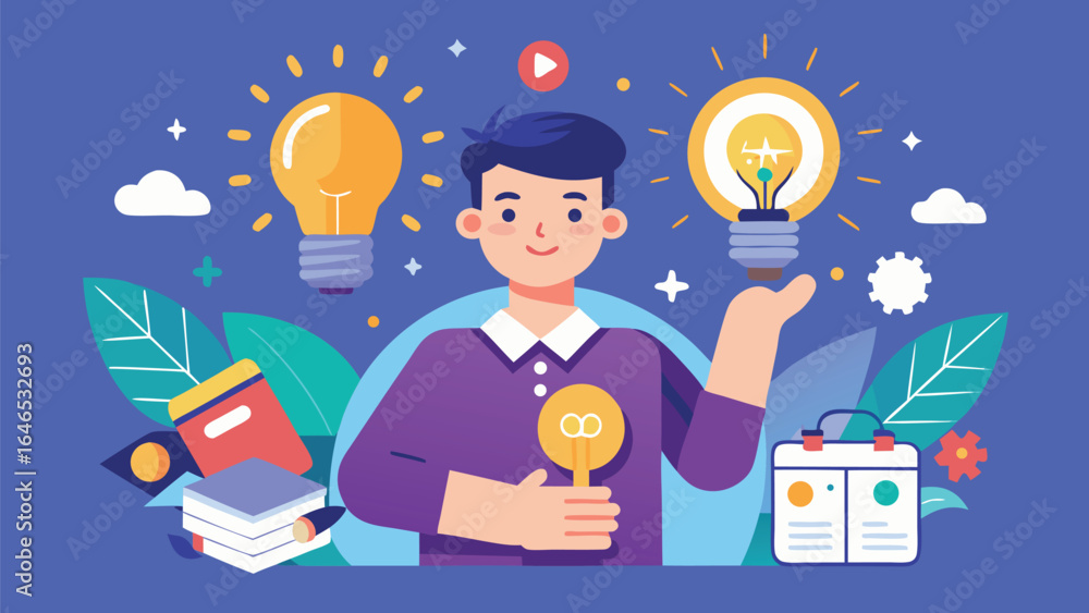 Poster holding a light bulb surrounded by various icons representing ideas and innovation..eps