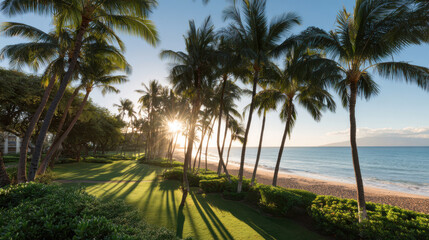 Obraz premium stunning view of hawaiian coastline where sunlight pierces through lush palm trees creating magical atmosphere