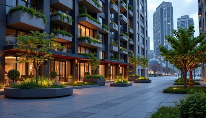 Naklejka premium Futuristic City Block with Modular Urban Environment Evening View Modern Architecture Aesthetics