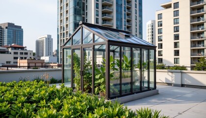 Urban Rooftop Greenhouse Modern Apartment Complex Architectural Cityscape Aerial View Sustainable Living