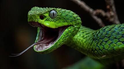 Fototapeta premium Venomous green viper, aggressive stance, jungle background, wildlife photo