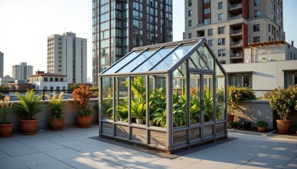 Urban Rooftop Greenhouse Installation City Landscape Architectural Modern Environment Elevated Viewpoint