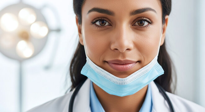 Portrait of a female doctor with a surgical mask pulled down around her chin in a hospital setting