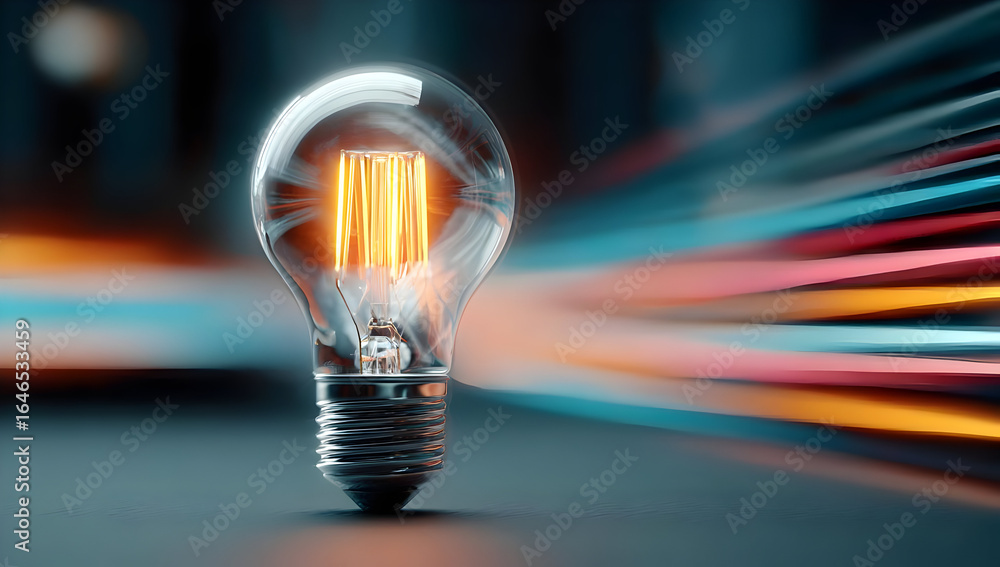 Poster a modern light bulb illuminated with a vibrant glow, set against a dynamic, blurred background repre