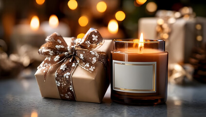 A beautifully wrapped gift box next to a lit candle, creating a warm and inviting atmosphere. Perfect for celebrations, holidays, or cozy evenings.