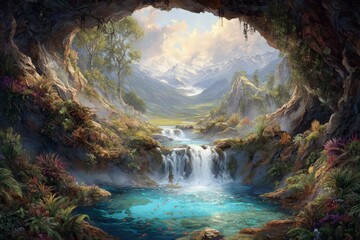 Magical Mountain Valley With Waterfall From Cave Entrance
