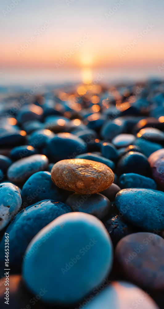 Poster a serene view of smooth pebbles on a beach, bathed in the warm glow of the setting sun, creating a t