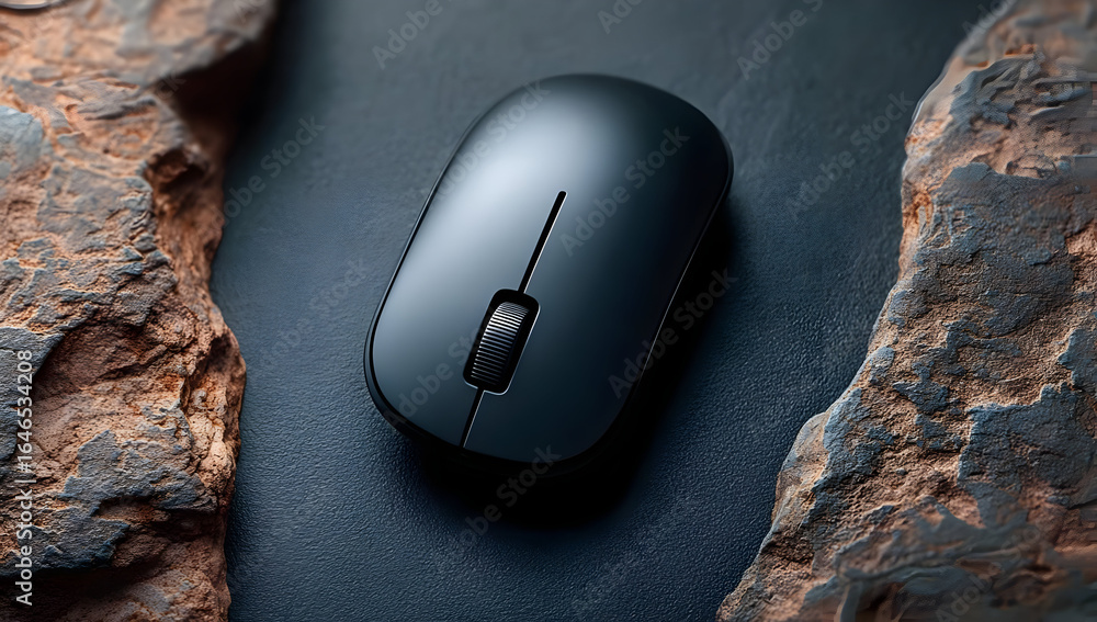 Poster a sleek black computer mouse positioned on a textured surface, symbolizing modern technology and des