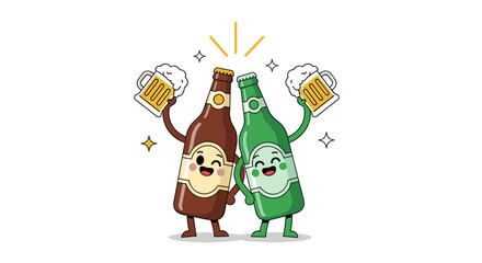 Fototapeta premium Celebration of friendship and cheers with two happy cartoon beer bottles toasting with frothy mugs