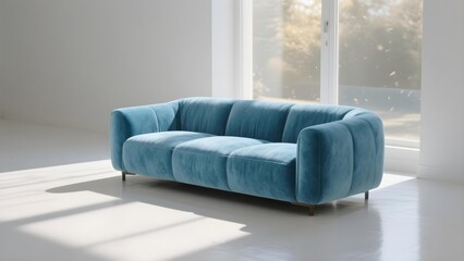 Fototapeta premium Minimalist Interior with a Stylish Blue Velvet Sofa Bathed in Sunlight Near Window