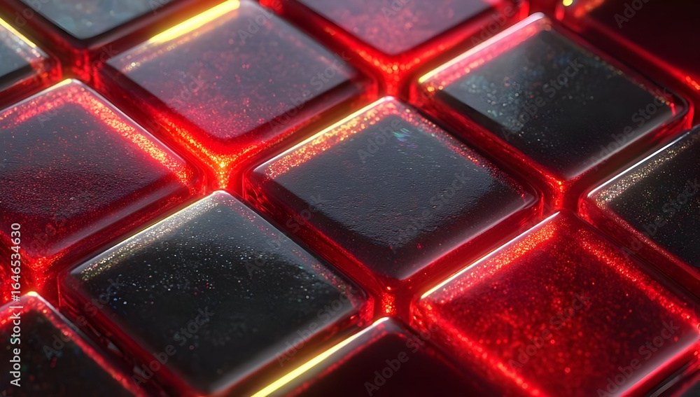 Poster a close-up view of glossy red and black tiles illuminating with reflective light, creating a vibrant