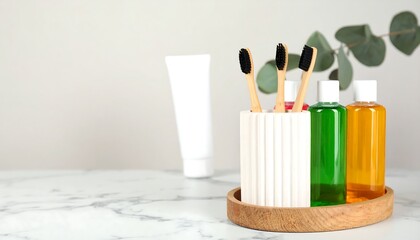 Bathroom essentials displayed on marble