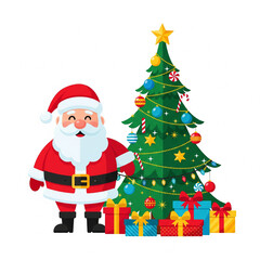 Fototapeta premium Modern flat illustration of Santa Claus standing next to a decorated Christmas tree with colorful ornaments and gift boxes, smiling expression