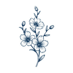 Blue flax flower hand drawn illustration. Blue flax flower vector line art