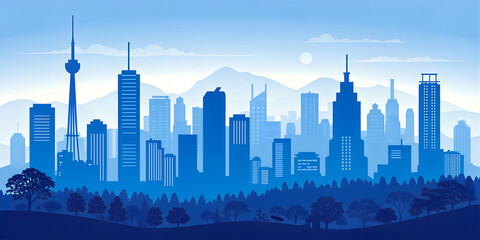 city skyline with mountain and trees, silhouette blue shadow 