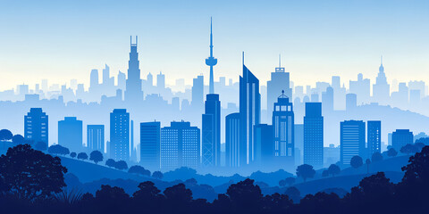 Fototapeta premium Stylised city skyline with modern skyscrapers with trees, blue silhouette