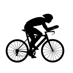 Fototapeta premium Silhouette of a cyclist in a racing position on a road bike, showcasing speed and athleticism against a clean white background, ideal for sports or fitness designs.