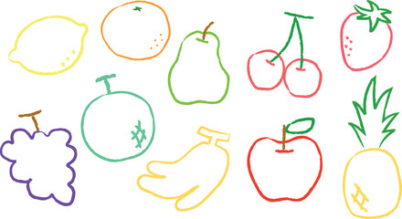 りんごやパイナップルなど手描きのカラフルな線画果物ベクター