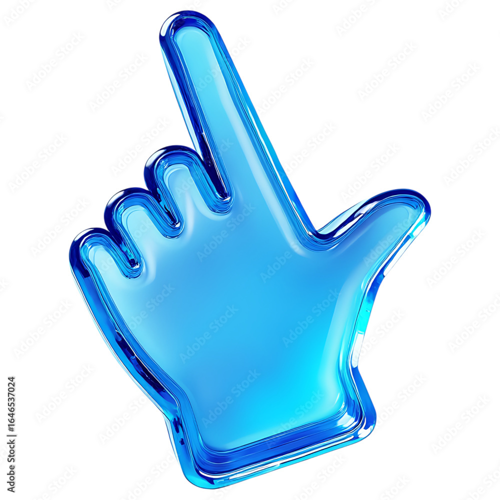Poster blue glass hand cursor pointing upward a transparent digital icon representing selection and interac
