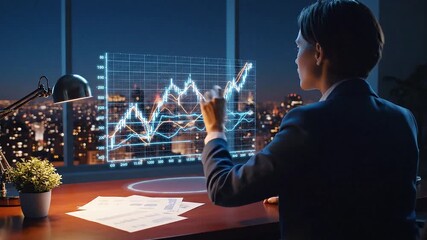 Professional analyzes futuristic financial data on holographic display in modern city office at night. - Powered by Adobe