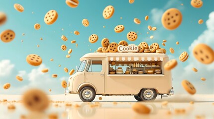 A whimsical food truck overflowing with cookies, with many more cookies floating in the bright blue sky.