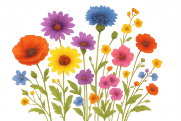 Wildflowers blooming in bright colors, presenting transparent background for seamless design integration and natural visual appeal