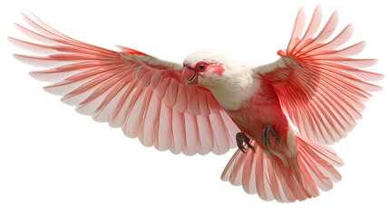 Fototapeta premium Salmon Pink Cockatoo Bird Flying With Wings Spread Wide, cut out transparent