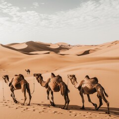 Fototapeta premium During a vacation in the desert, camels wander on the sand, and animals dance with nature