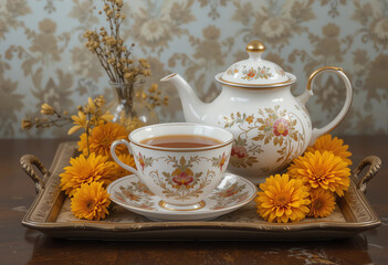 Fototapeta premium Teapot and cup on tray with marigold flowers